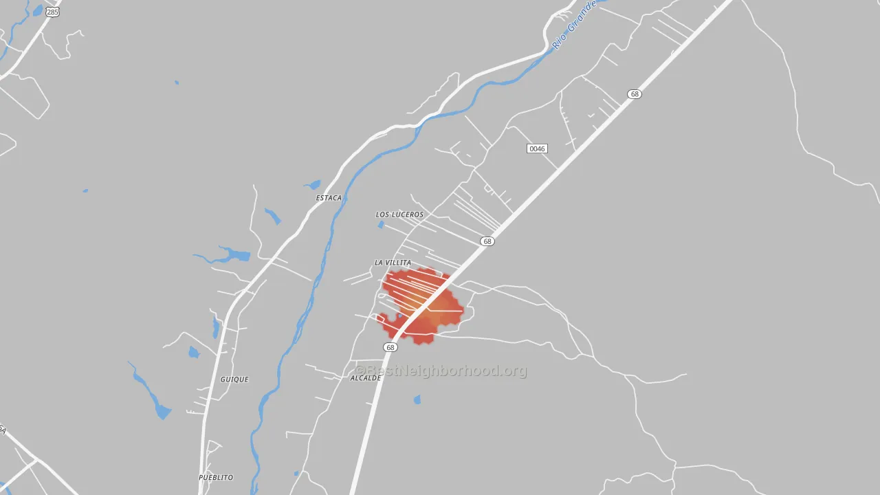 Walk Grade map of Alcalde, NM, walkable areas in green and car-dependent areas in red