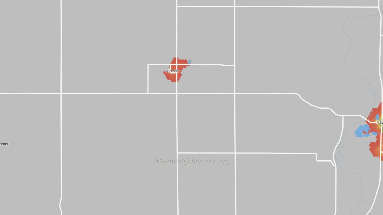 Walk Grade map of Alcester, SD, walkable areas in green and car-dependent areas in red