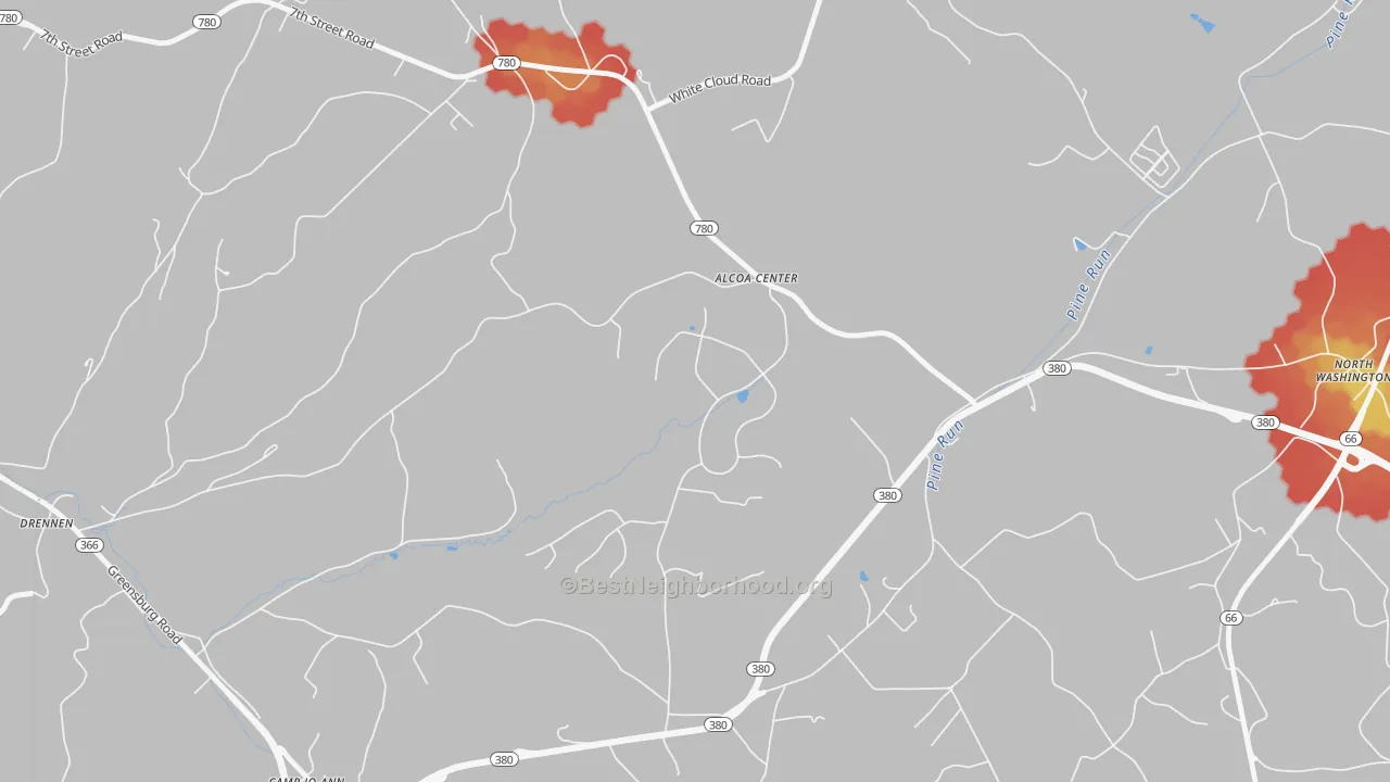 Walk Grade map of Alcoa Center, PA, walkable areas in green and car-dependent areas in red