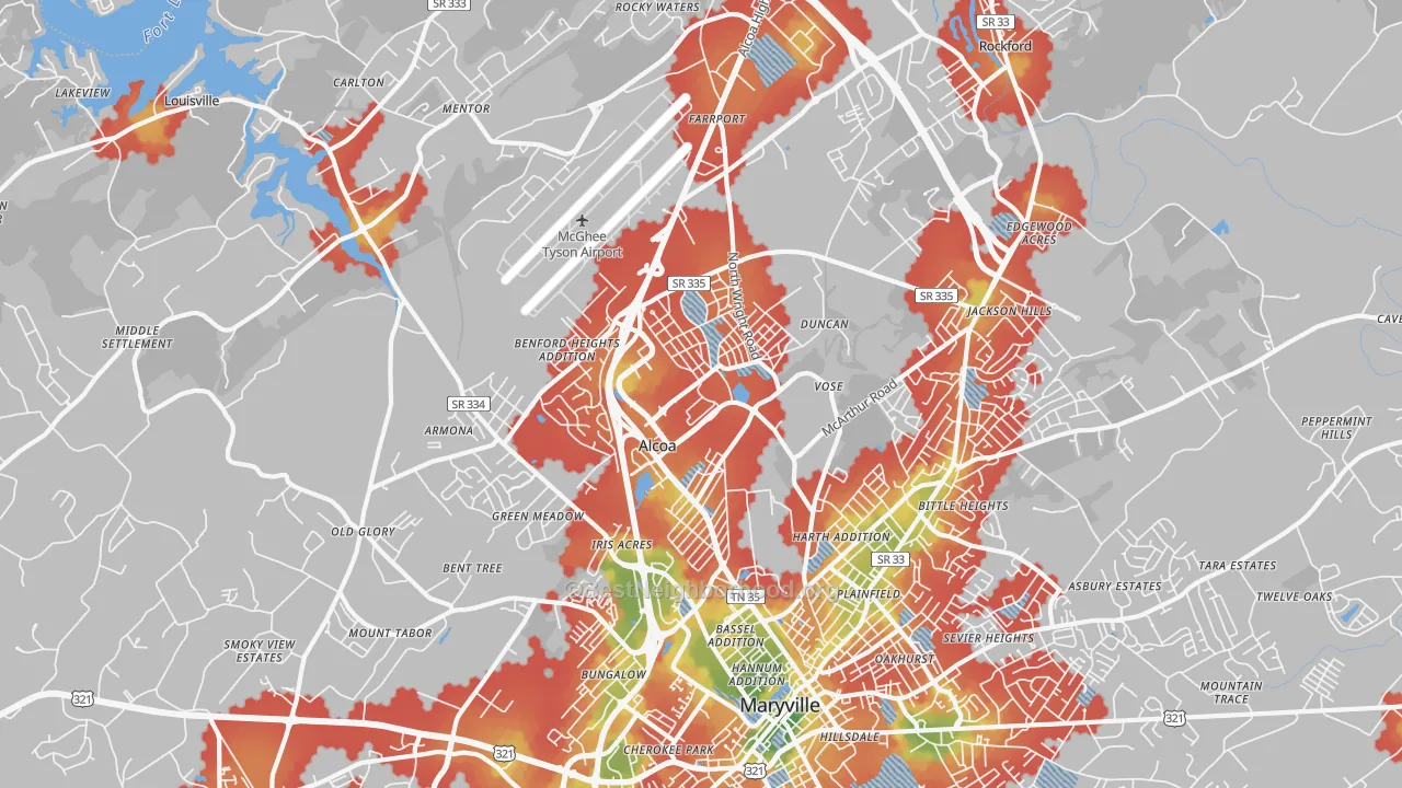 Walk Grade map of Alcoa, TN, walkable areas in green and car-dependent areas in red