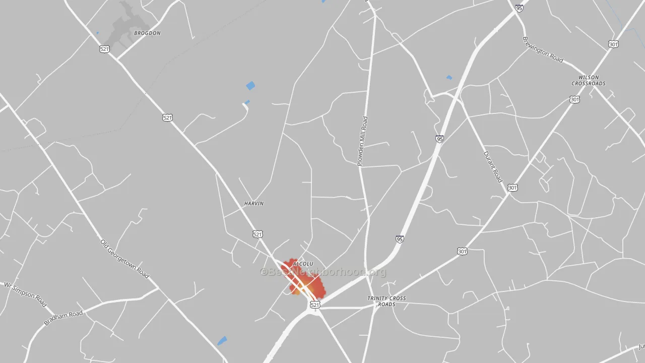 Walk Grade map of Alcolu, SC, walkable areas in green and car-dependent areas in red