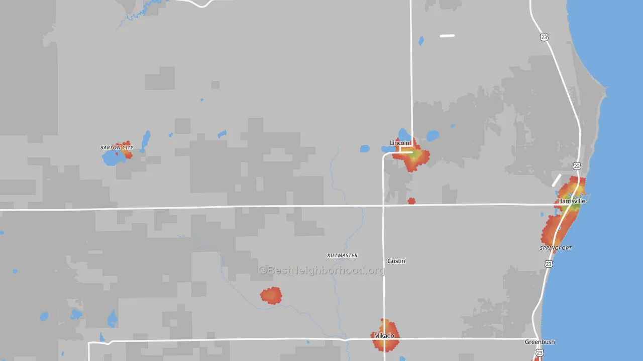 Walk Grade map of Alcona County, MI, walkable areas in green and car-dependent areas in red