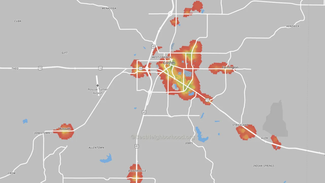 Walk Grade map of Alcorn County, MS, walkable areas in green and car-dependent areas in red