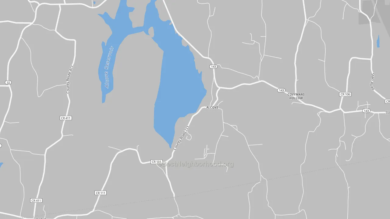 Walk Grade map of Alcove, NY, walkable areas in green and car-dependent areas in red