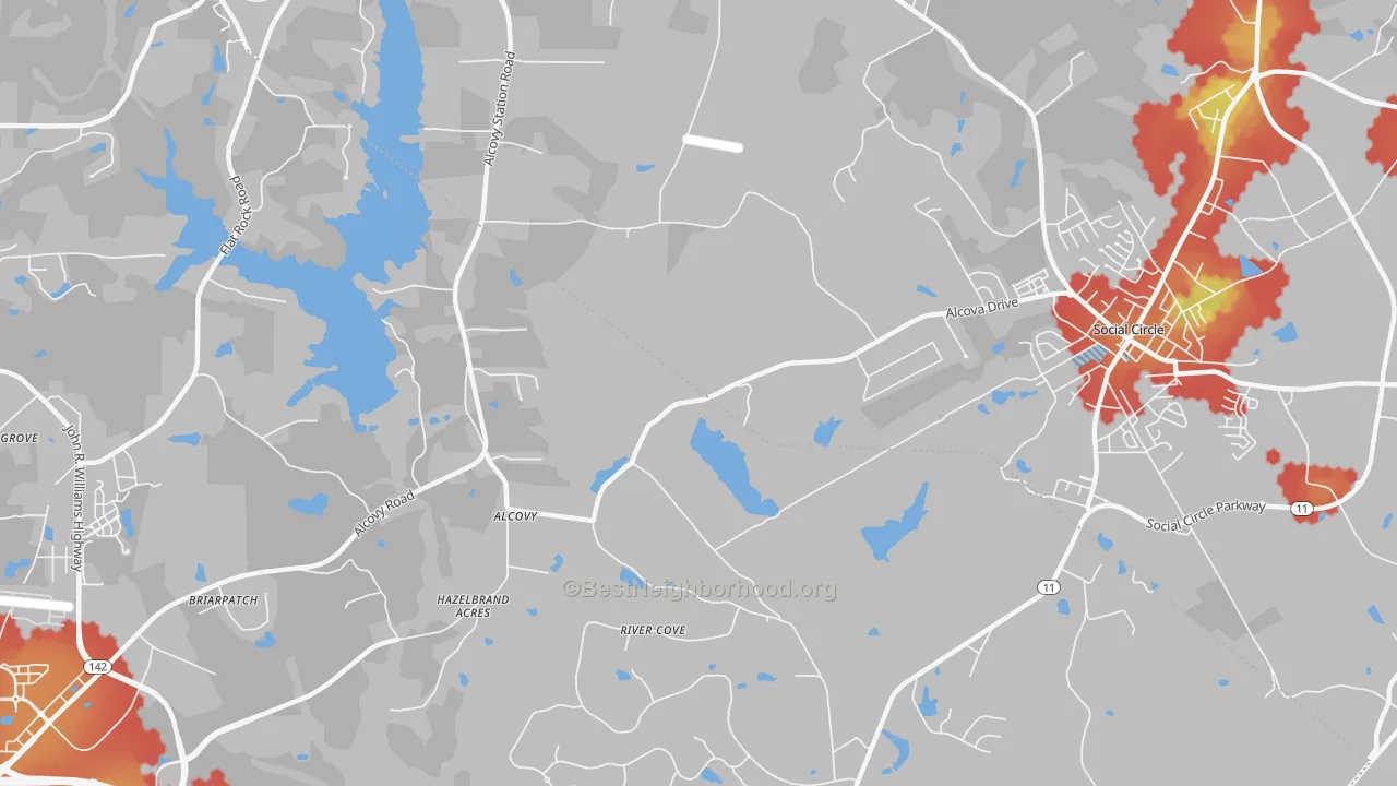Walk Grade map of Alcovy, GA, walkable areas in green and car-dependent areas in red
