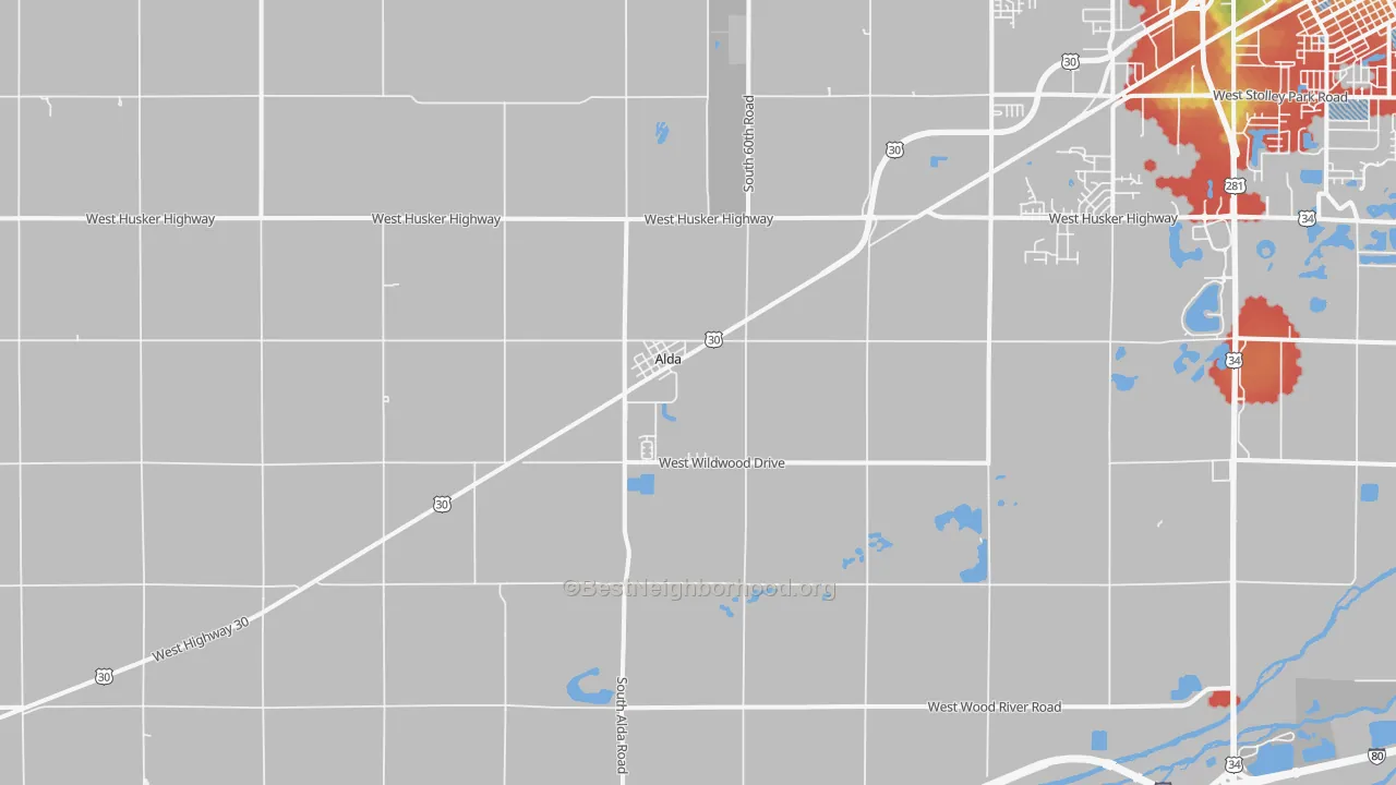 Walk Grade map of Alda, NE, walkable areas in green and car-dependent areas in red