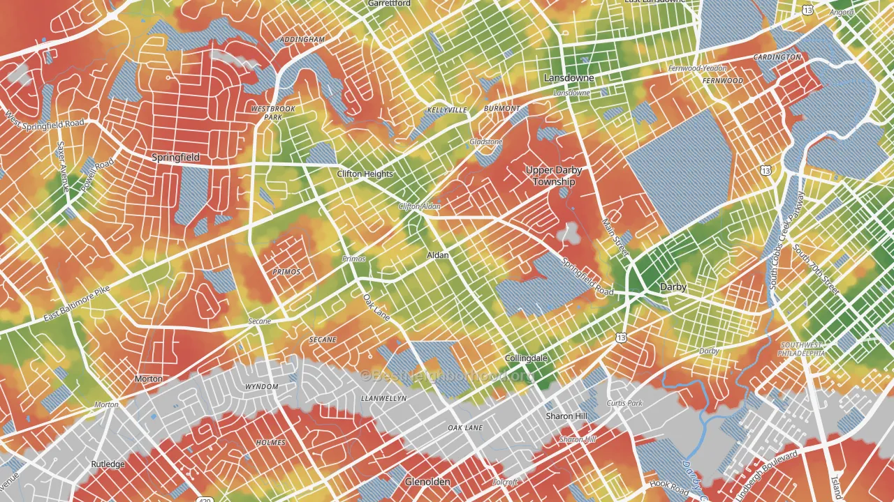 Walk Grade map of Aldan, PA, walkable areas in green and car-dependent areas in red
