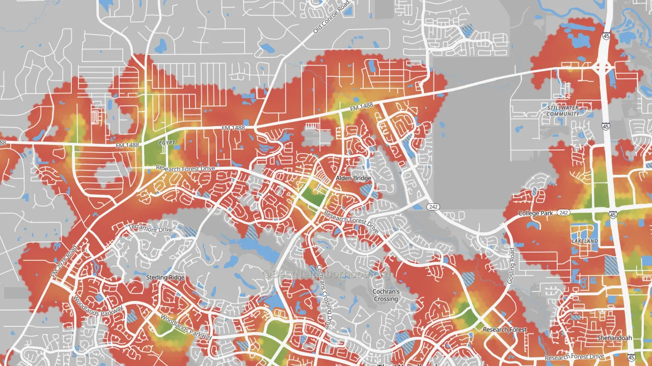 Walk Grade map of Alden Bridge, The Woodlands, TX, walkable areas in green and car-dependent areas in red