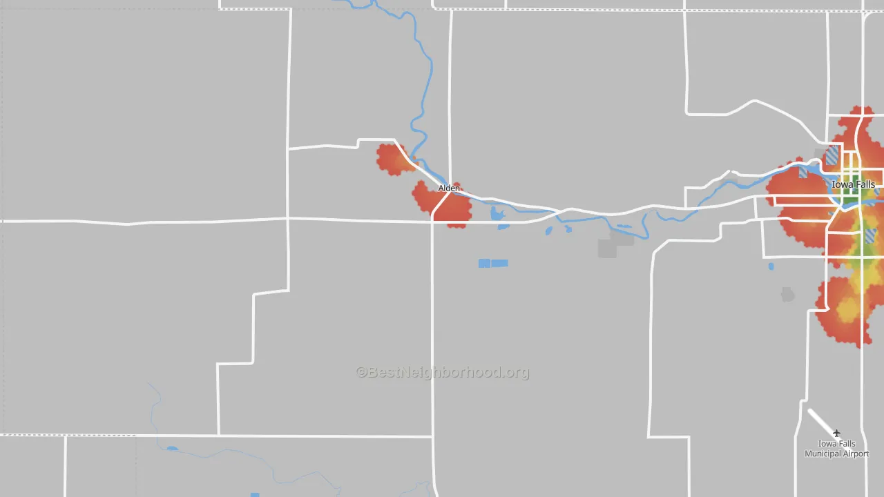 Walk Grade map of Alden, IA, walkable areas in green and car-dependent areas in red