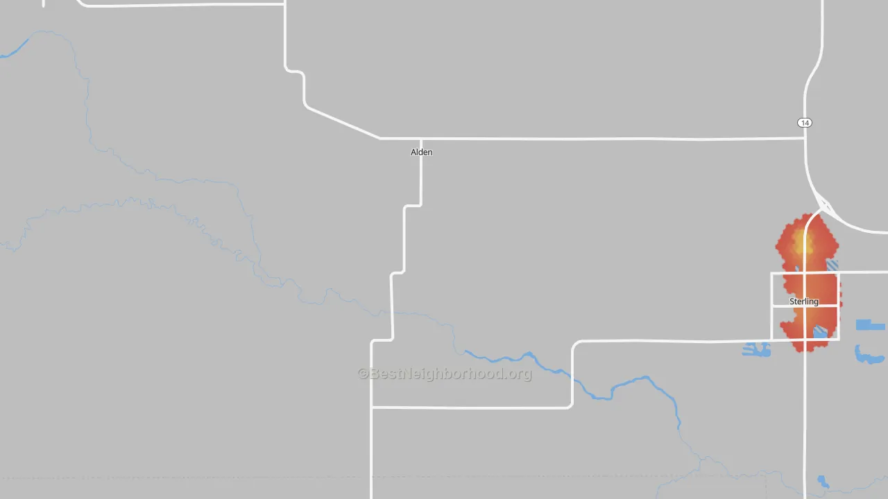 Walk Grade map of Alden, KS, walkable areas in green and car-dependent areas in red