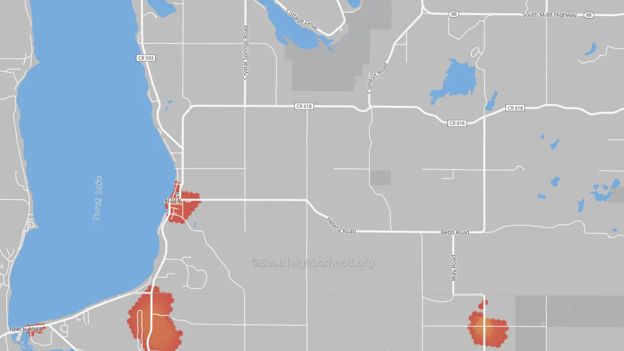 Walk Grade map of Alden, MI, walkable areas in green and car-dependent areas in red