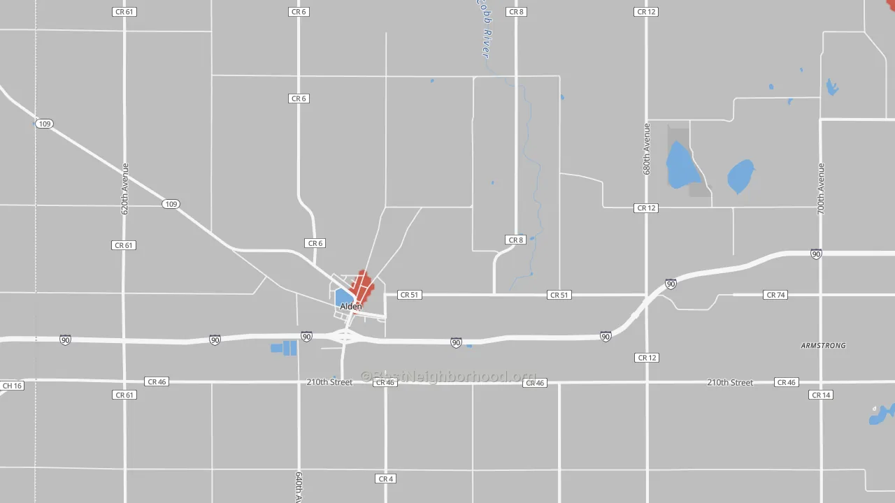 Walk Grade map of Alden, MN, walkable areas in green and car-dependent areas in red