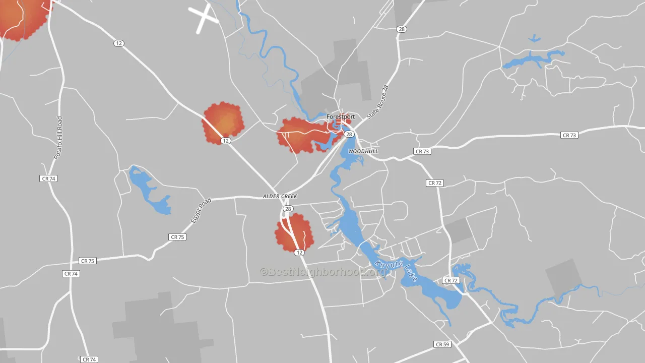 Walk Grade map of Alder Creek, NY, walkable areas in green and car-dependent areas in red
