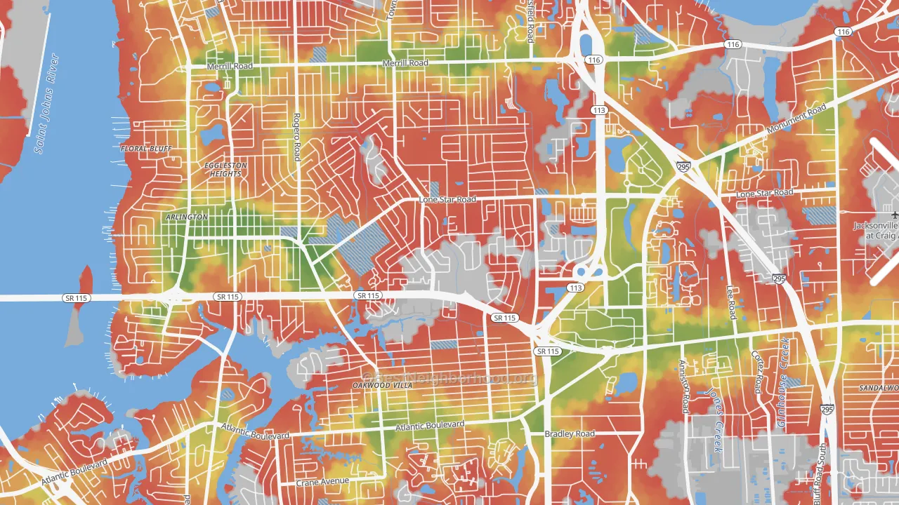 Walk Grade map of Alderman Park, Jacksonville, FL, walkable areas in green and car-dependent areas in red