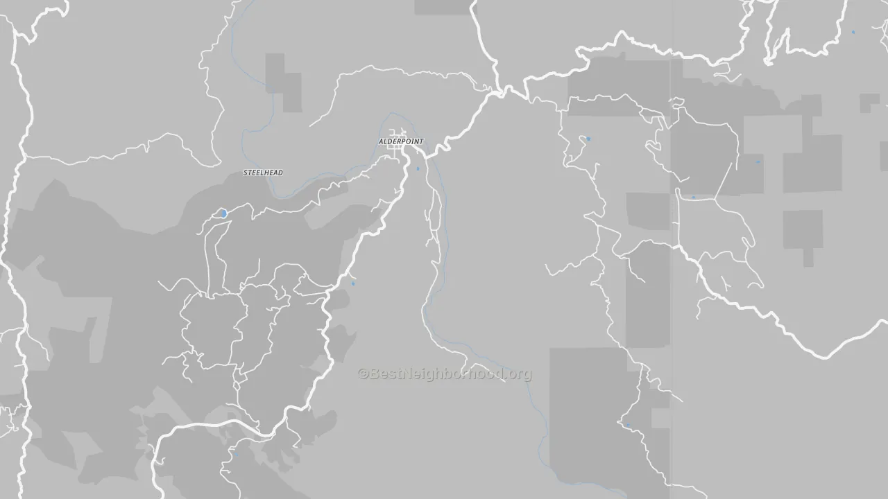 Walk Grade map of Alderpoint, CA, walkable areas in green and car-dependent areas in red