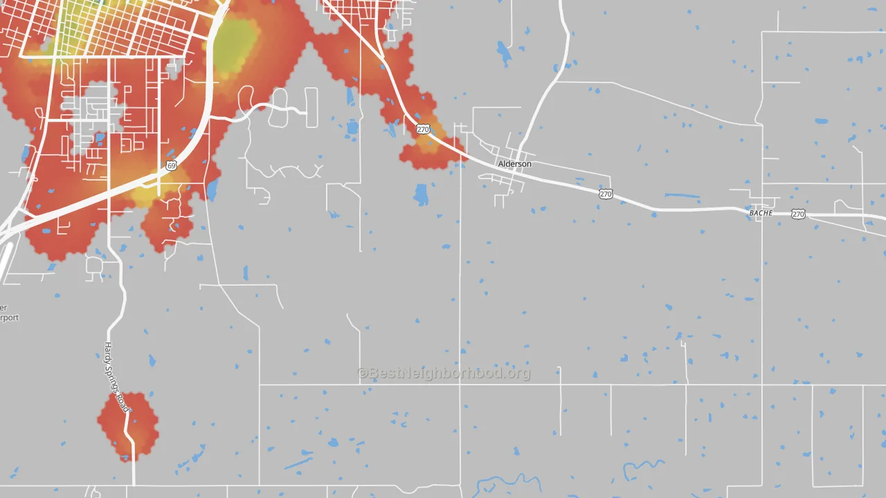 Walk Grade map of Alderson, OK, walkable areas in green and car-dependent areas in red