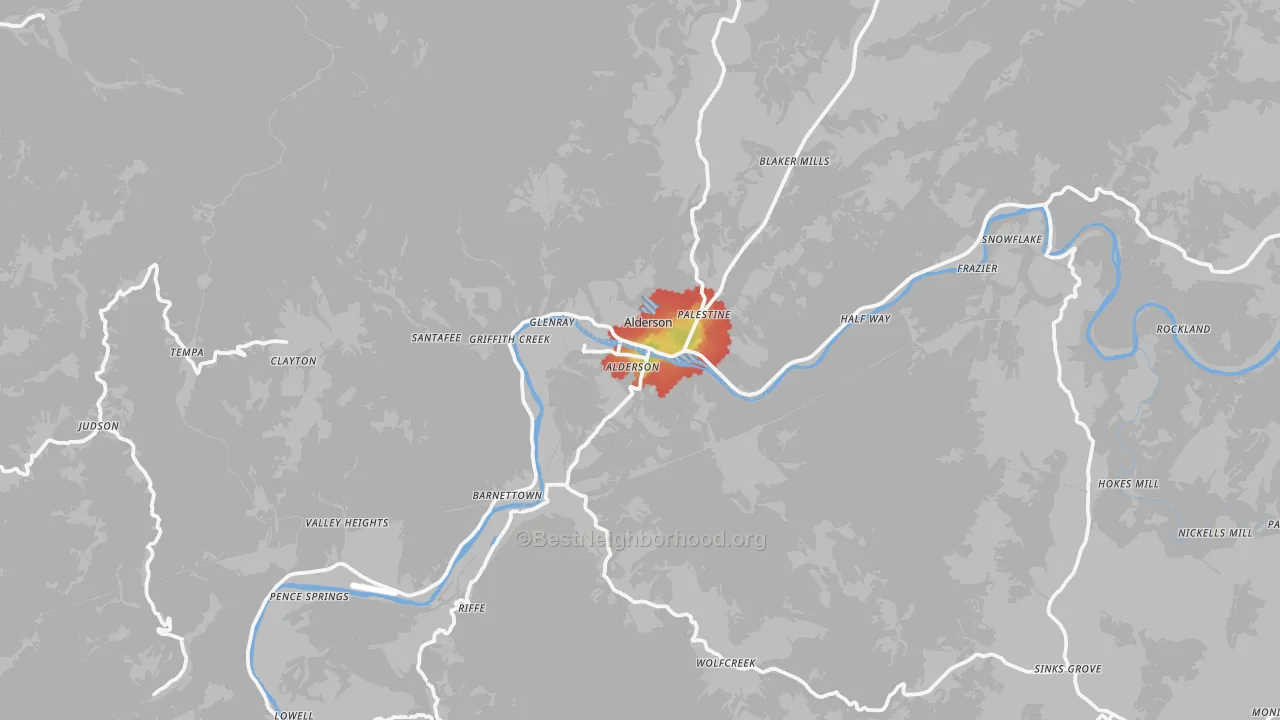 Walk Grade map of Alderson, WV, walkable areas in green and car-dependent areas in red