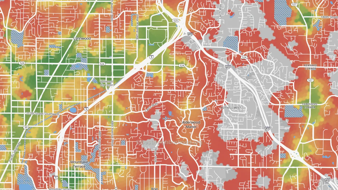 Walk Grade map of Alderwood Manor, Lynnwood, WA, walkable areas in green and car-dependent areas in red