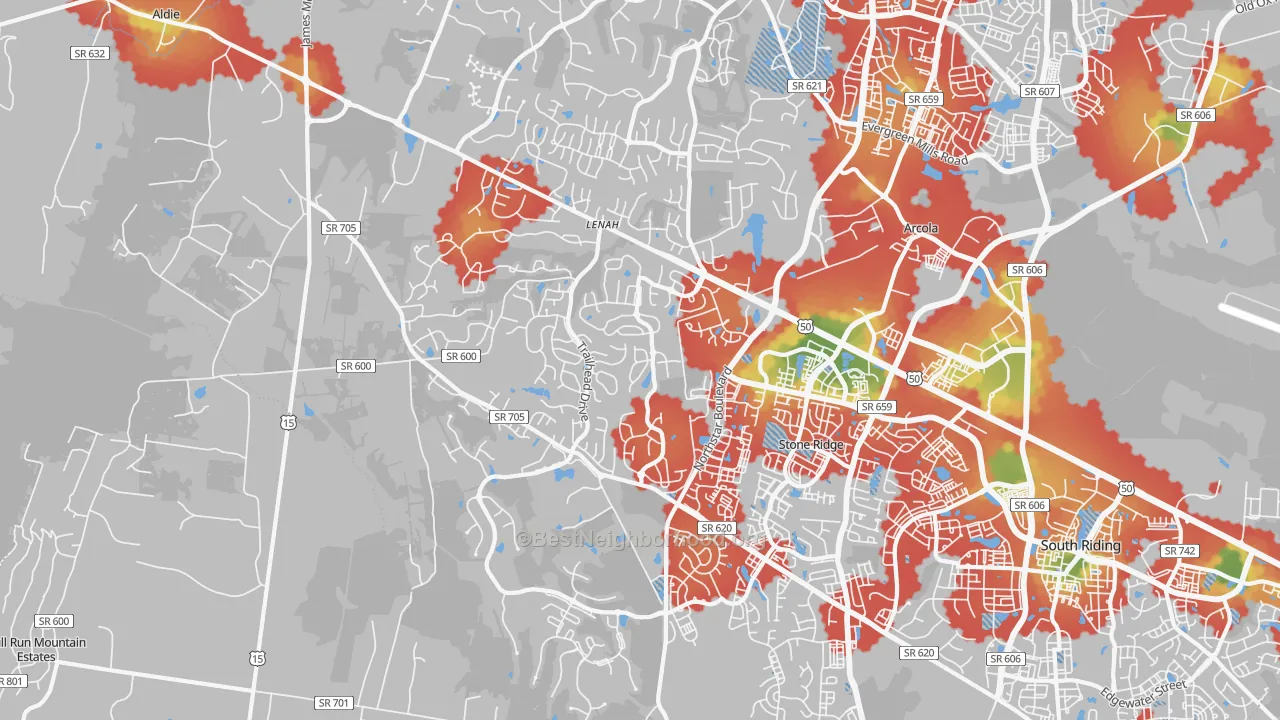 Walk Grade map of Aldie, VA, walkable areas in green and car-dependent areas in red