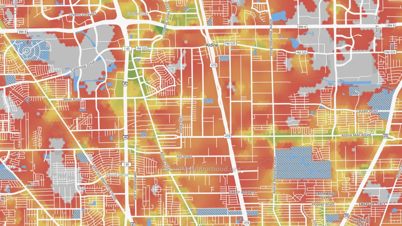 Walk Grade map of Aldine, TX, walkable areas in green and car-dependent areas in red