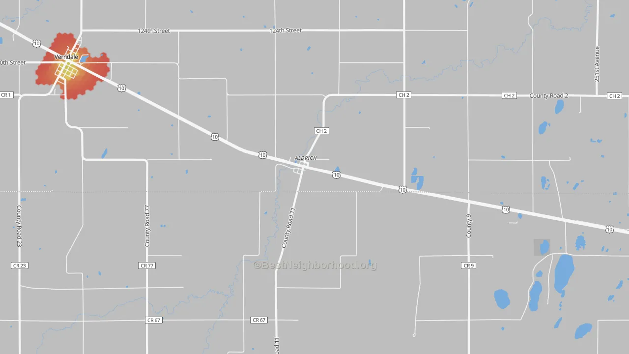Walk Grade map of Aldrich, MN, walkable areas in green and car-dependent areas in red