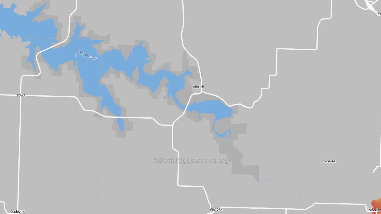 Walk Grade map of Aldrich, MO, walkable areas in green and car-dependent areas in red