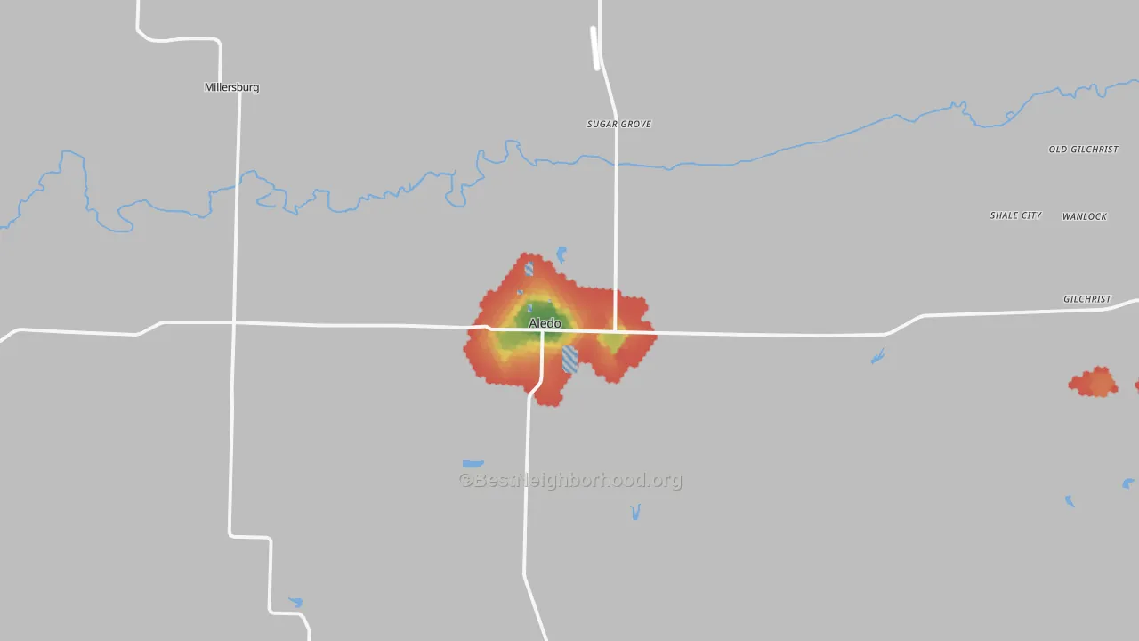Walk Grade map of Aledo, IL, walkable areas in green and car-dependent areas in red