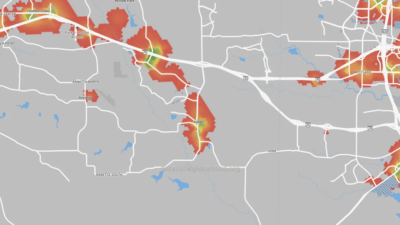 Walk Grade map of Aledo, TX, walkable areas in green and car-dependent areas in red