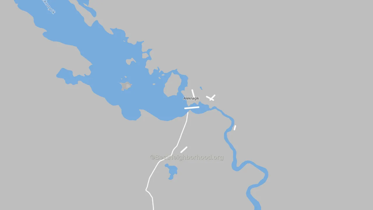 Walk Grade map of Aleknagik, AK, walkable areas in green and car-dependent areas in red