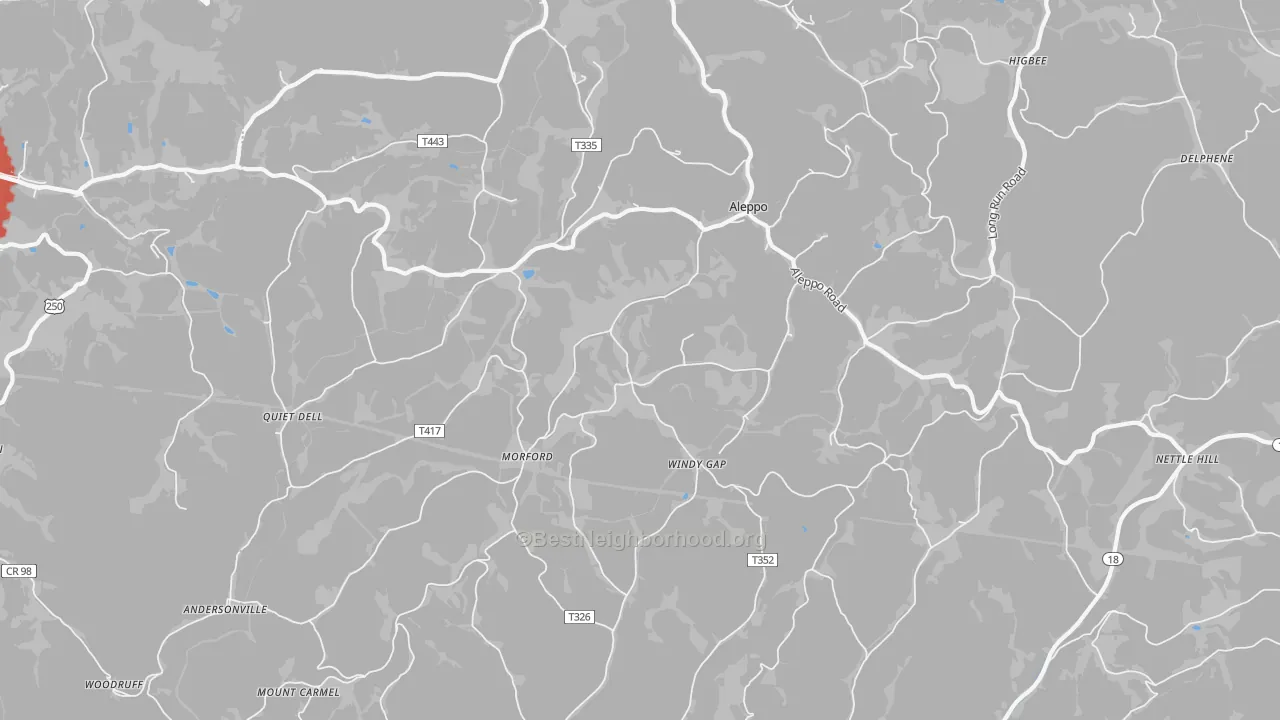 Walk Grade map of Aleppo, PA, walkable areas in green and car-dependent areas in red