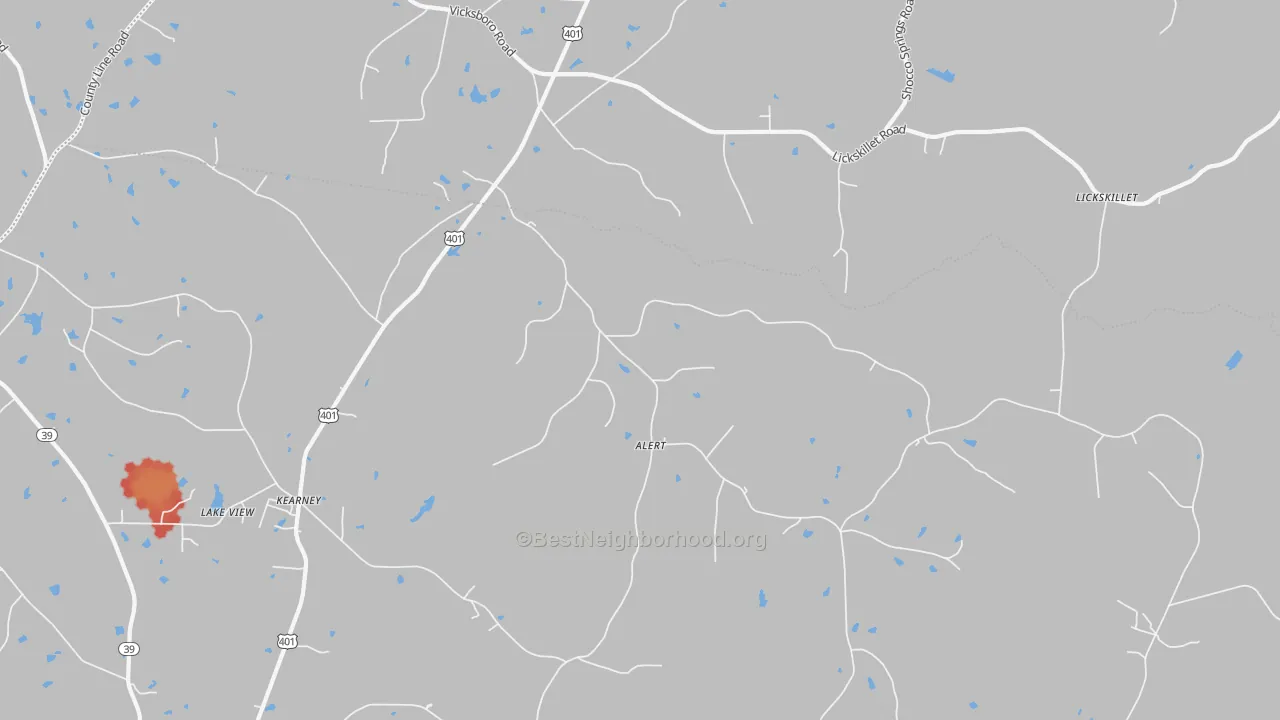 Walk Grade map of Alert, NC, walkable areas in green and car-dependent areas in red