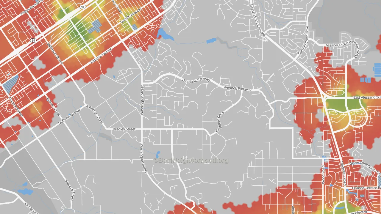 Walk Grade map of Alessandro Heights, Riverside, CA, walkable areas in green and car-dependent areas in red