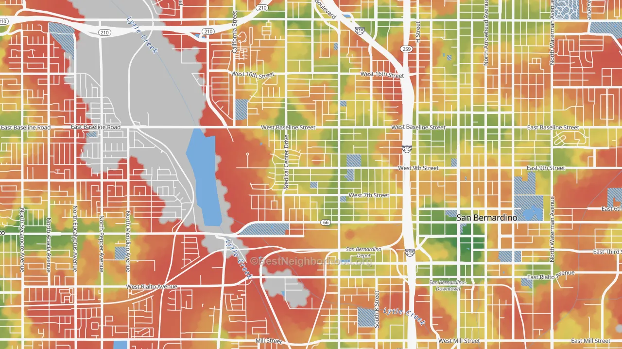 Walk Grade map of Alessandro, San Bernardino, CA, walkable areas in green and car-dependent areas in red