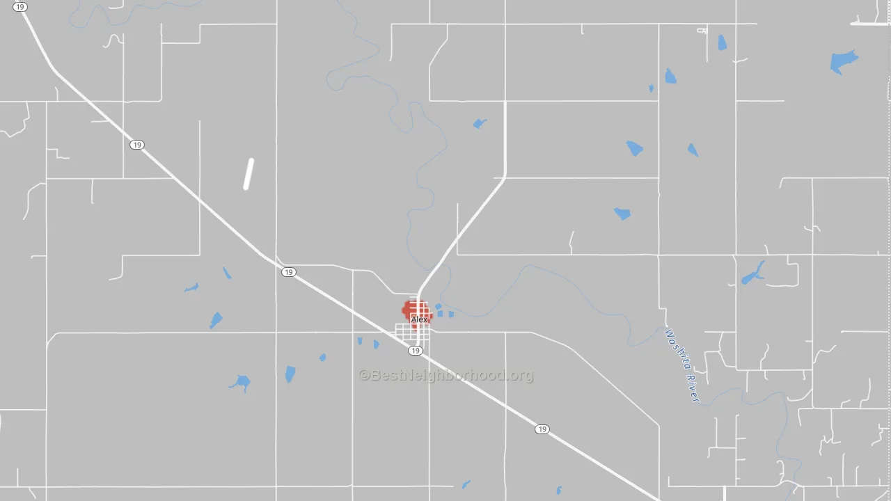Walk Grade map of Alex, OK, walkable areas in green and car-dependent areas in red