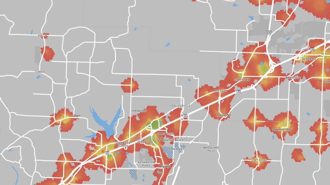 Walk Grade map of Alexander, AR, walkable areas in green and car-dependent areas in red