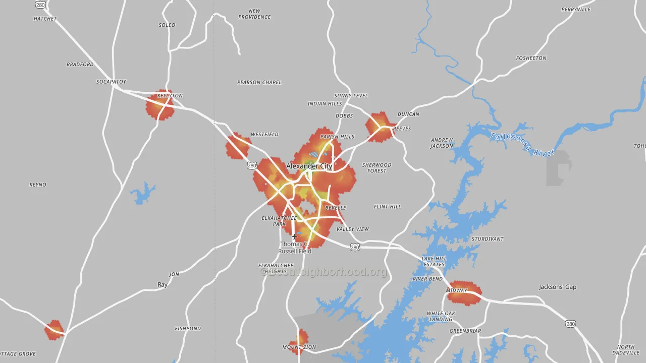 Walk Grade map of Alexander City, AL, walkable areas in green and car-dependent areas in red