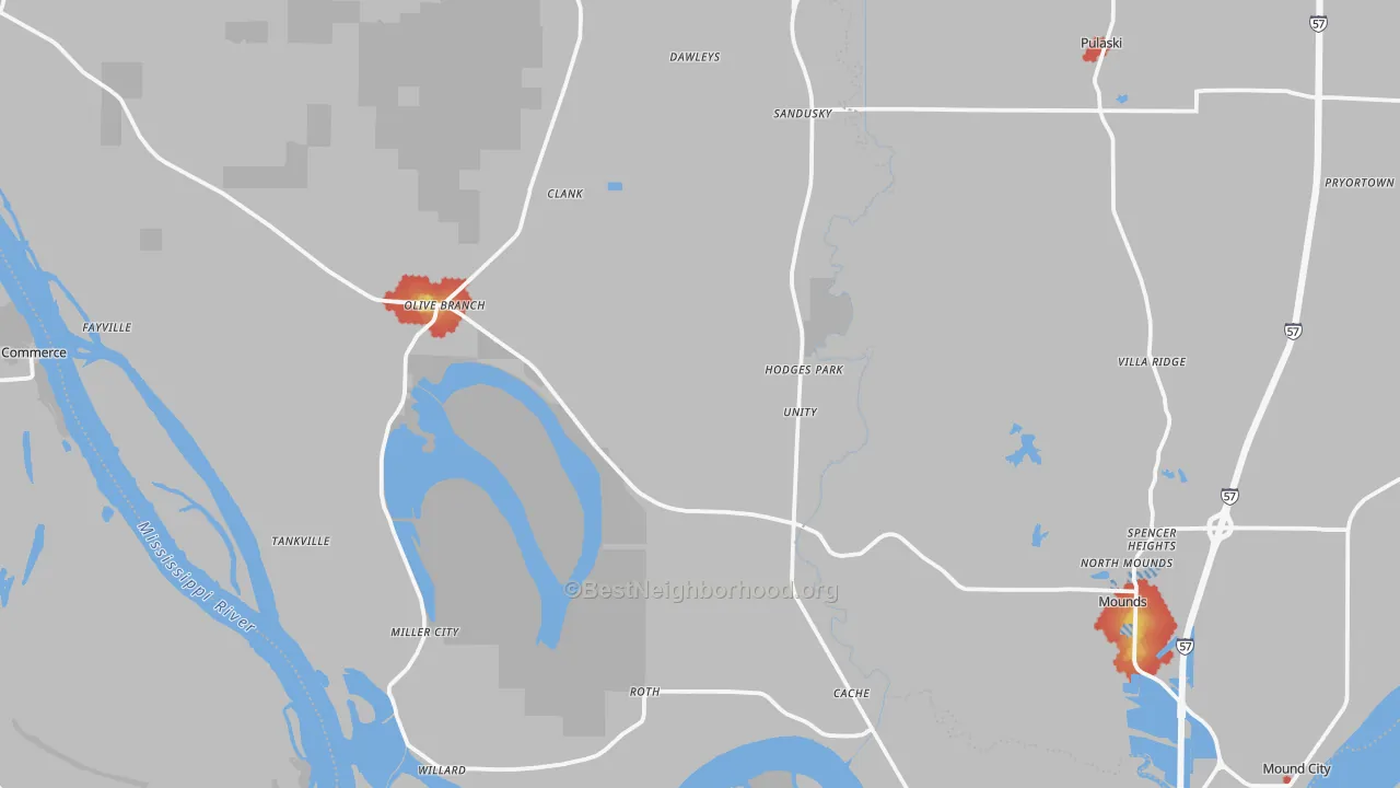 Walk Grade map of Alexander County, IL, walkable areas in green and car-dependent areas in red
