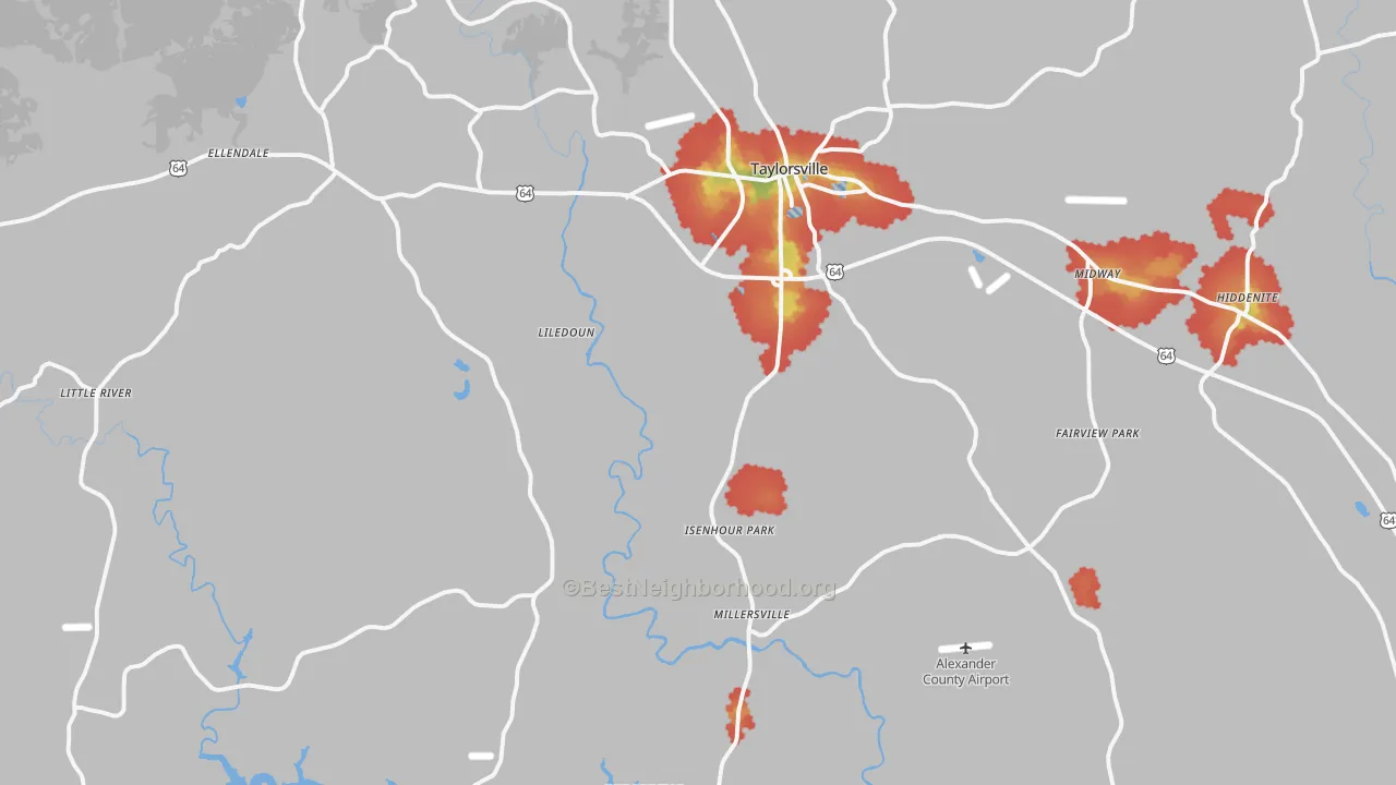 Walk Grade map of Alexander County, NC, walkable areas in green and car-dependent areas in red