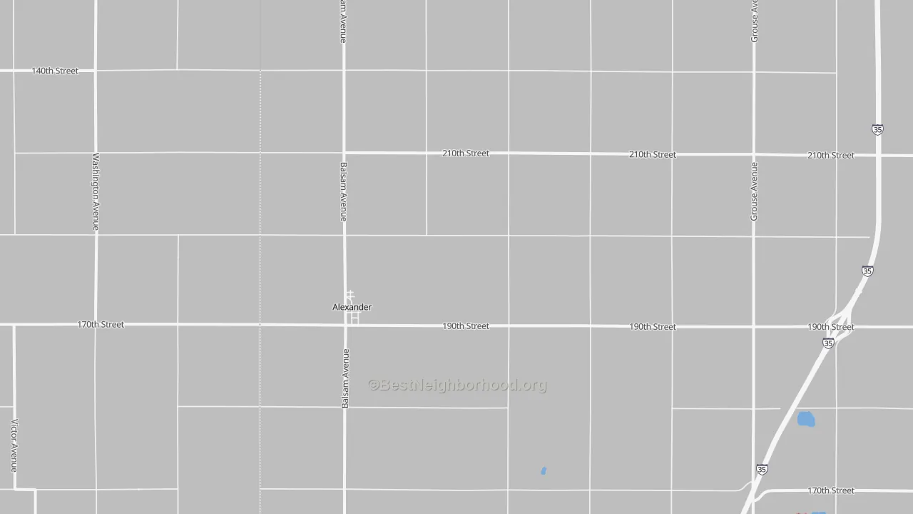 Walk Grade map of Alexander, IA, walkable areas in green and car-dependent areas in red