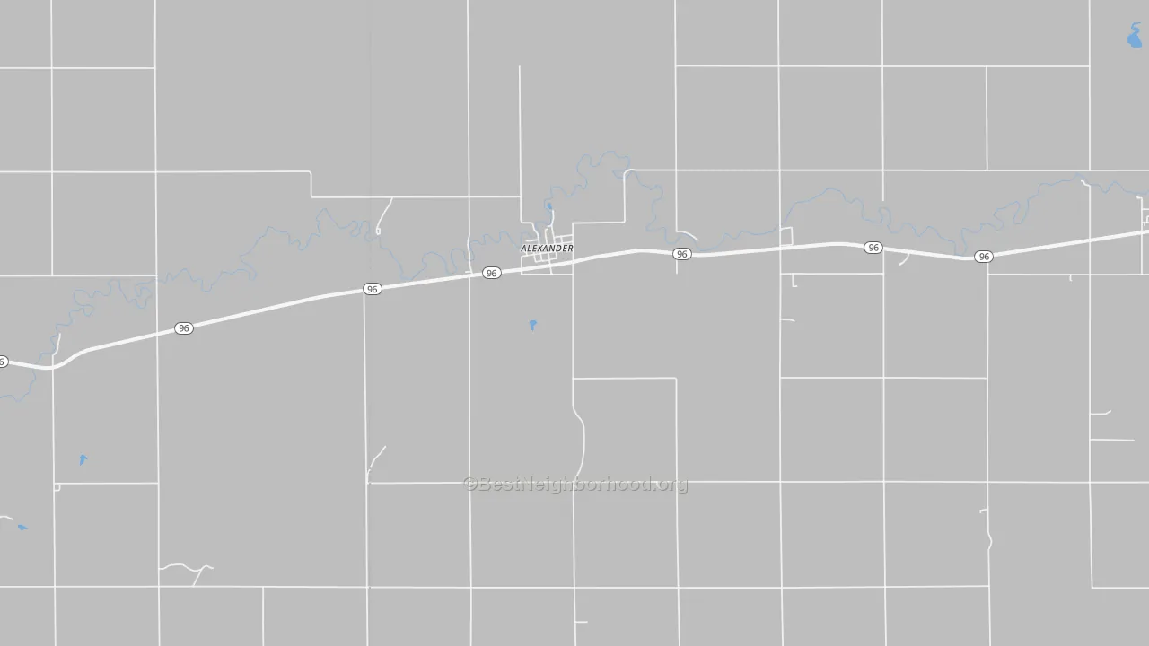 Walk Grade map of Alexander, KS, walkable areas in green and car-dependent areas in red