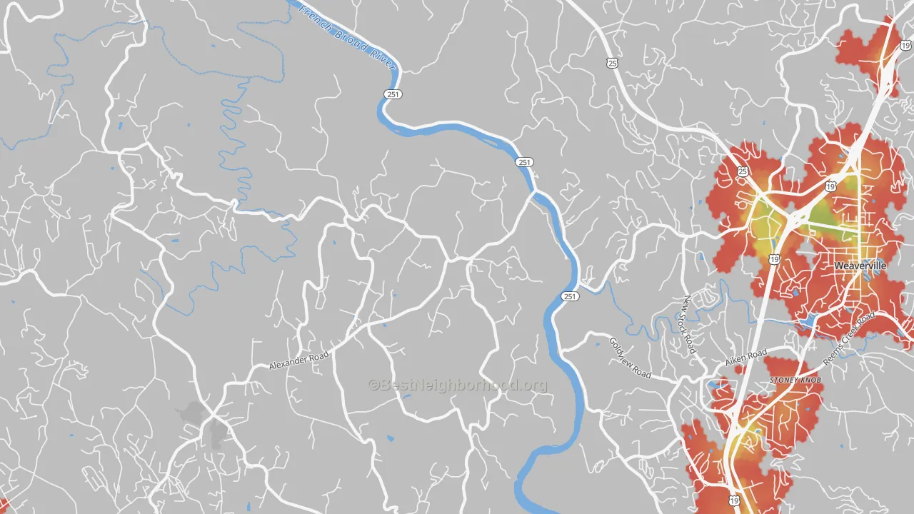 Walk Grade map of Alexander, NC, walkable areas in green and car-dependent areas in red