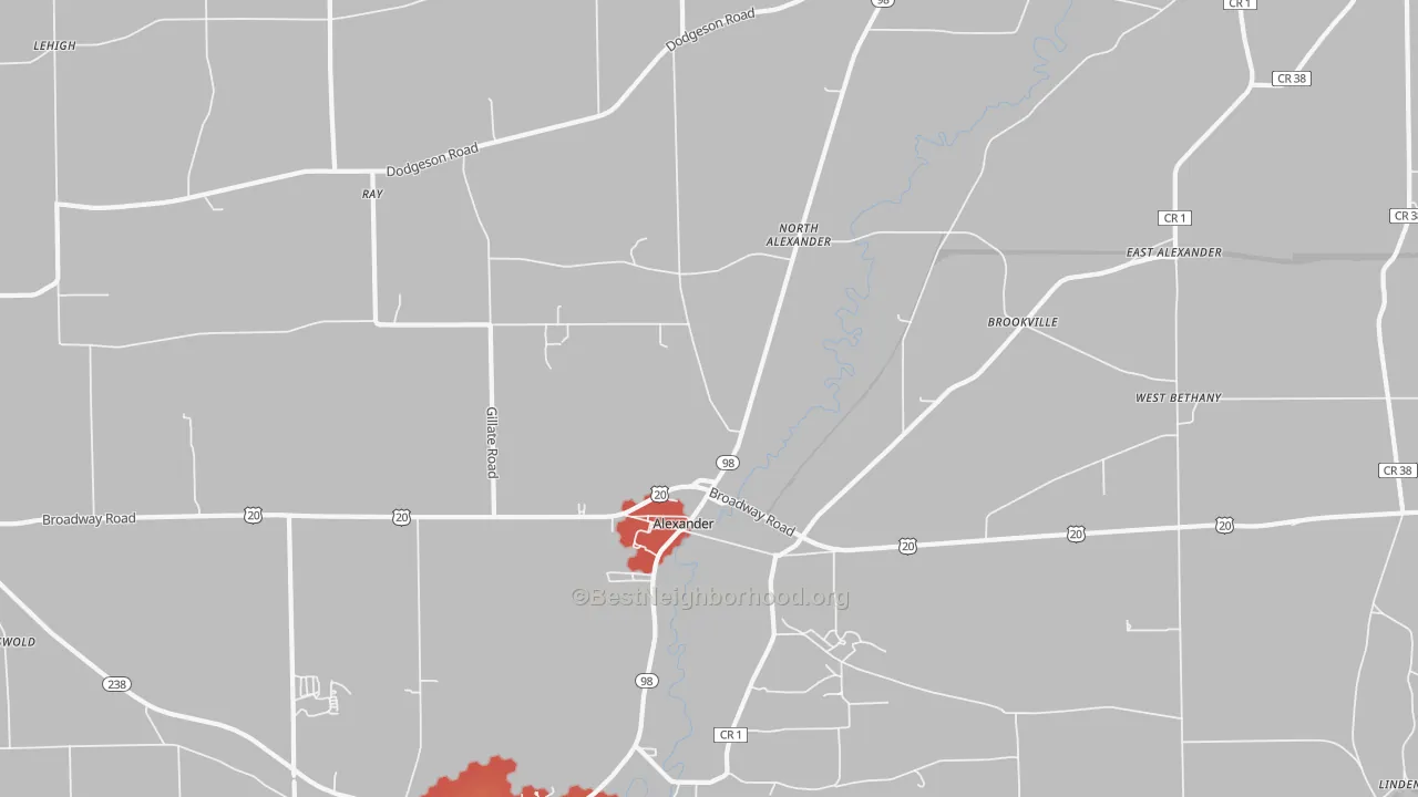 Walk Grade map of Alexander, NY, walkable areas in green and car-dependent areas in red