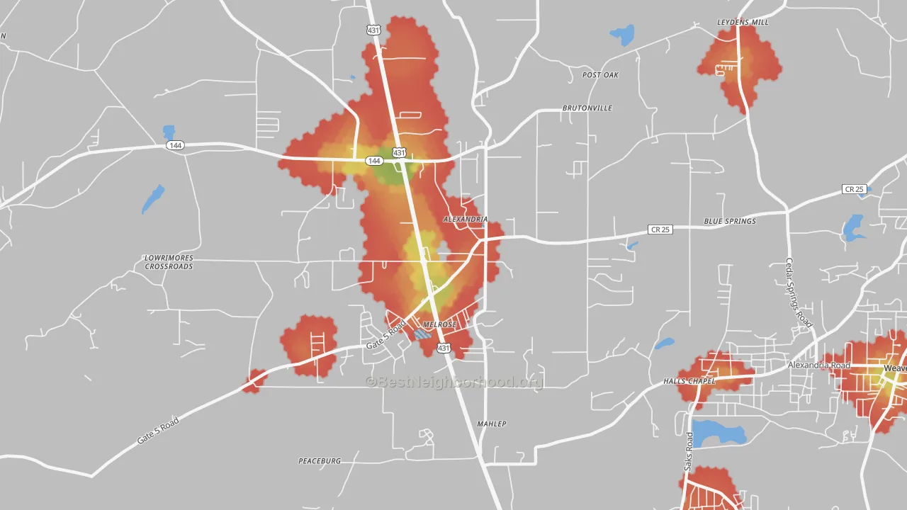 Walk Grade map of Alexandria, AL, walkable areas in green and car-dependent areas in red