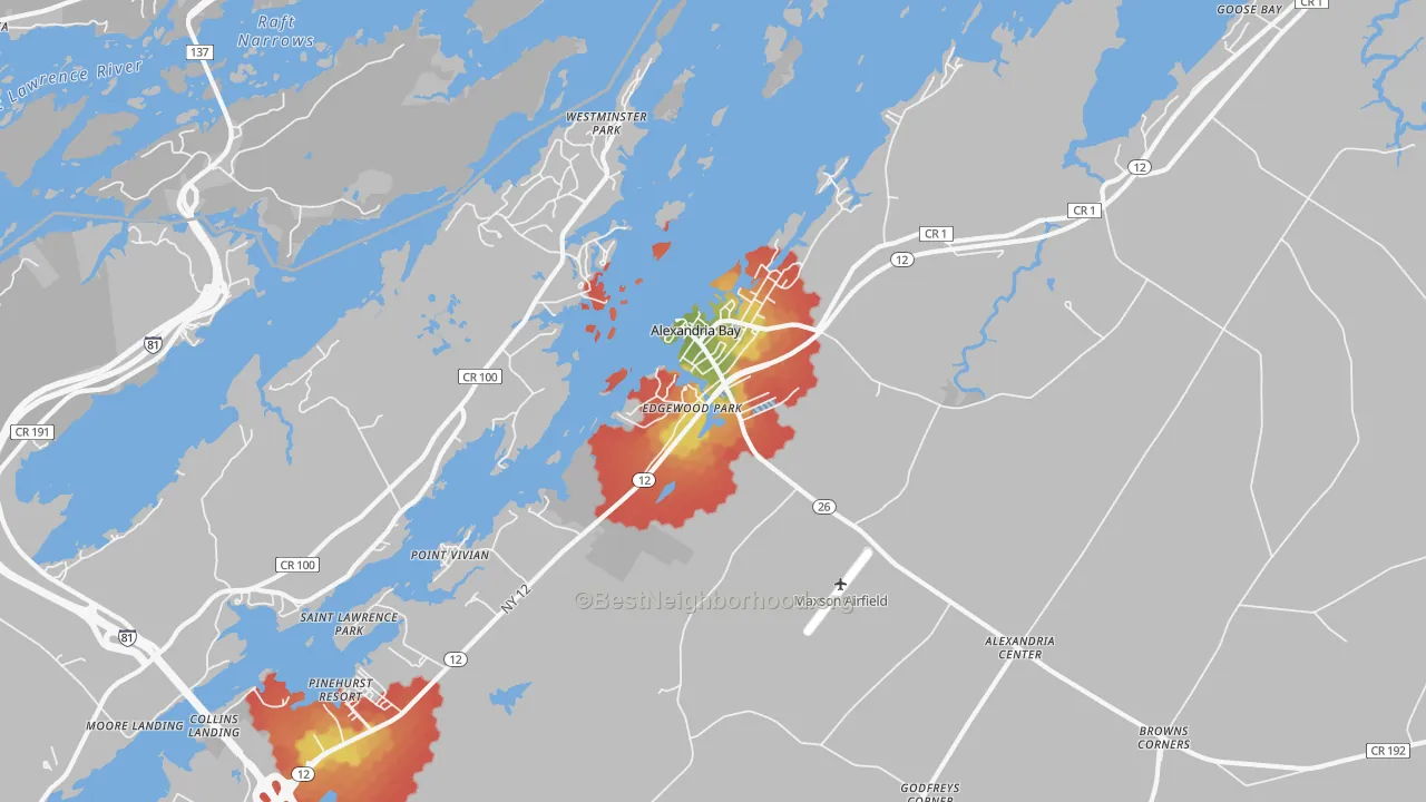 Walk Grade map of Alexandria Bay, NY, walkable areas in green and car-dependent areas in red