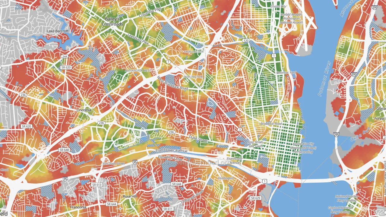 Walk Grade map of Alexandria City, VA, walkable areas in green and car-dependent areas in red