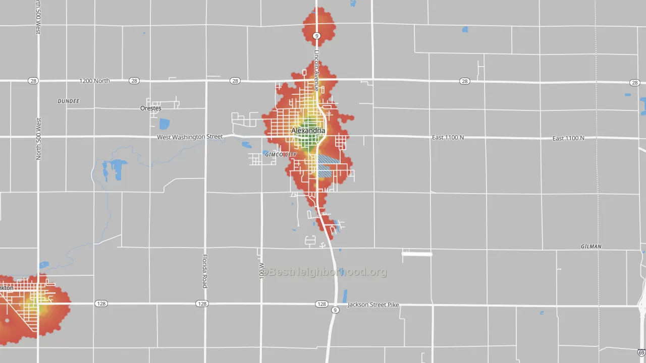 Walk Grade map of Alexandria, IN, walkable areas in green and car-dependent areas in red