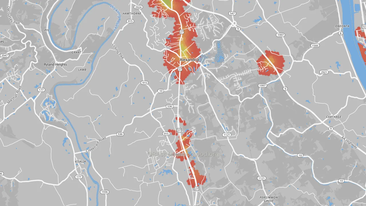 Walk Grade map of Alexandria, KY, walkable areas in green and car-dependent areas in red
