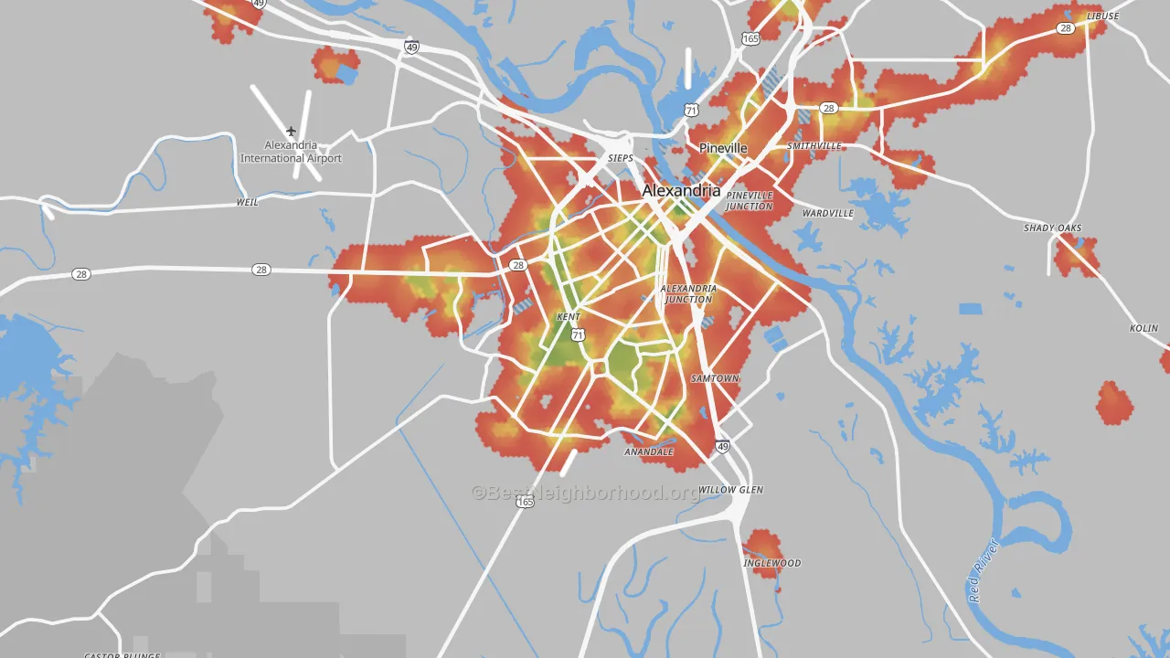Walk Grade map of Alexandria, LA, walkable areas in green and car-dependent areas in red