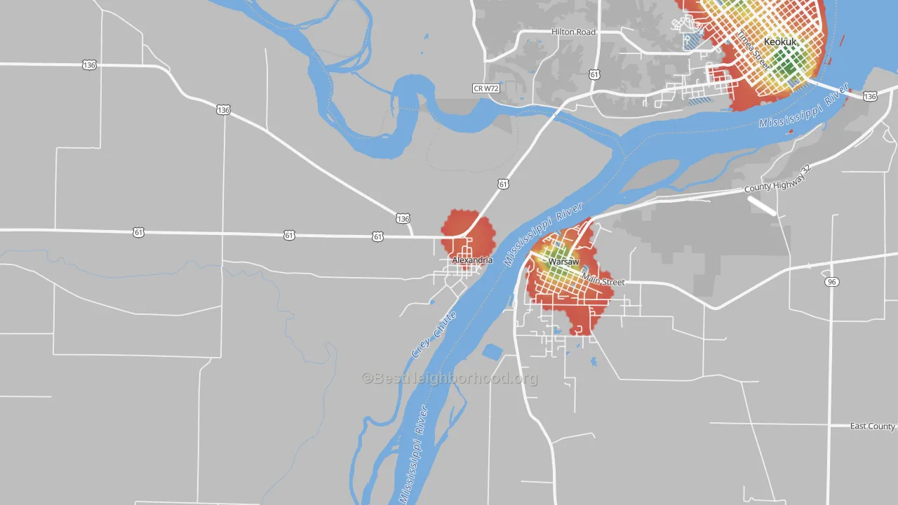Walk Grade map of Alexandria, MO, walkable areas in green and car-dependent areas in red