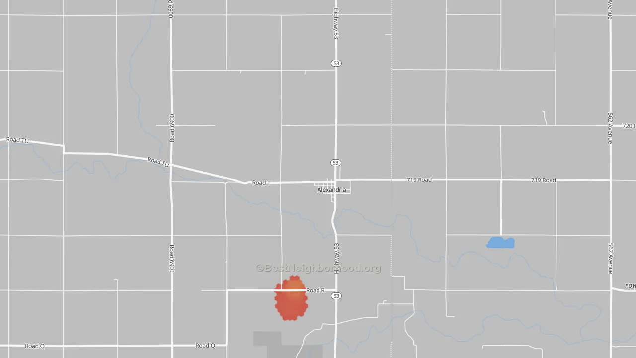 Walk Grade map of Alexandria, NE, walkable areas in green and car-dependent areas in red